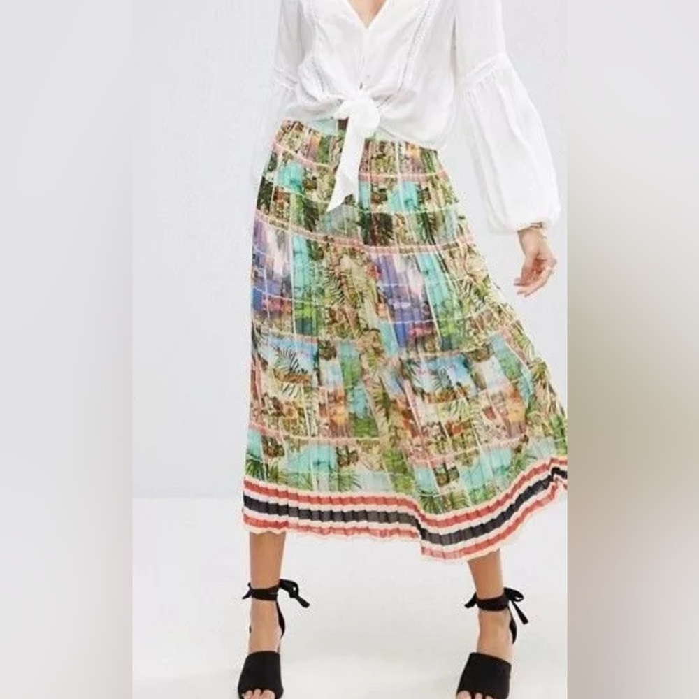ASOS Multicolor Tropical Print Pleated Midi Skirt